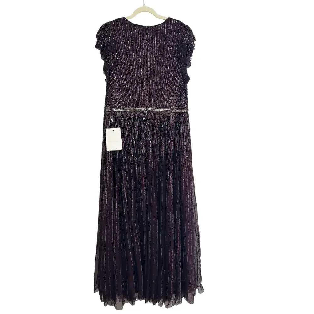 Mac Duggal Sequined Wrap Over Ruffled Cap Sleeve Gown Bu4gundy 16 NWT Style 5502